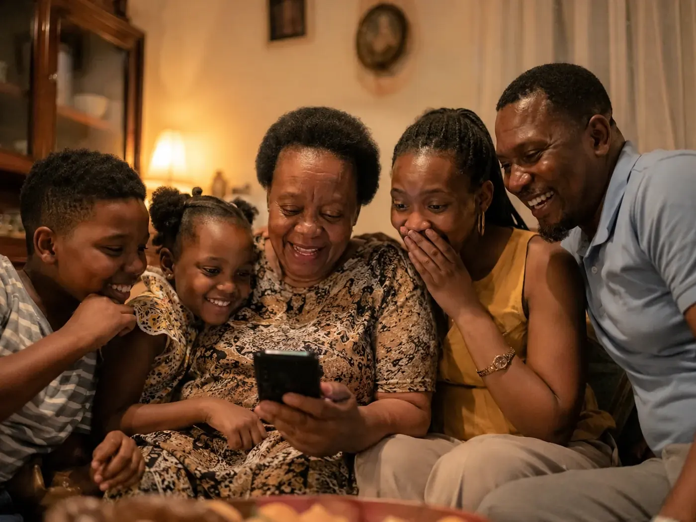 Three generations of a Zimbabwean family on a sofa, crowded around one phone and reacting to a video