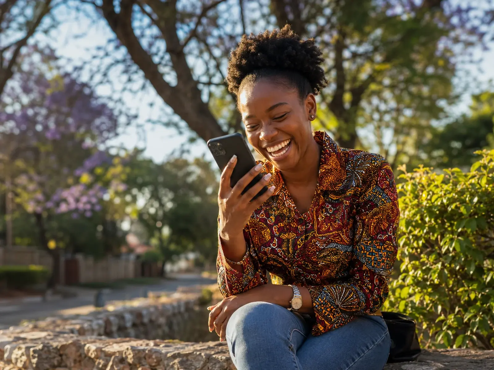 A young Zimbabwean woman on a garden wall in Harare, laughing at a video message on her phone