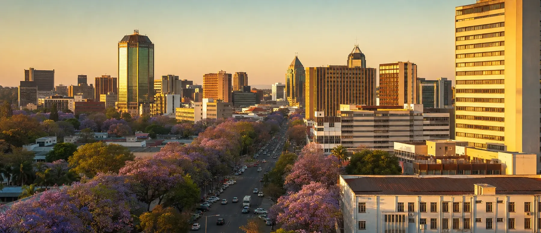 The Harare skyline at golden hour, with jacaranda trees lining the avenue below