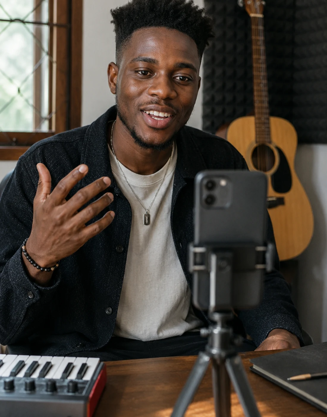 A Zimbabwean musician filming a video message on a phone propped on a tripod in his home studio