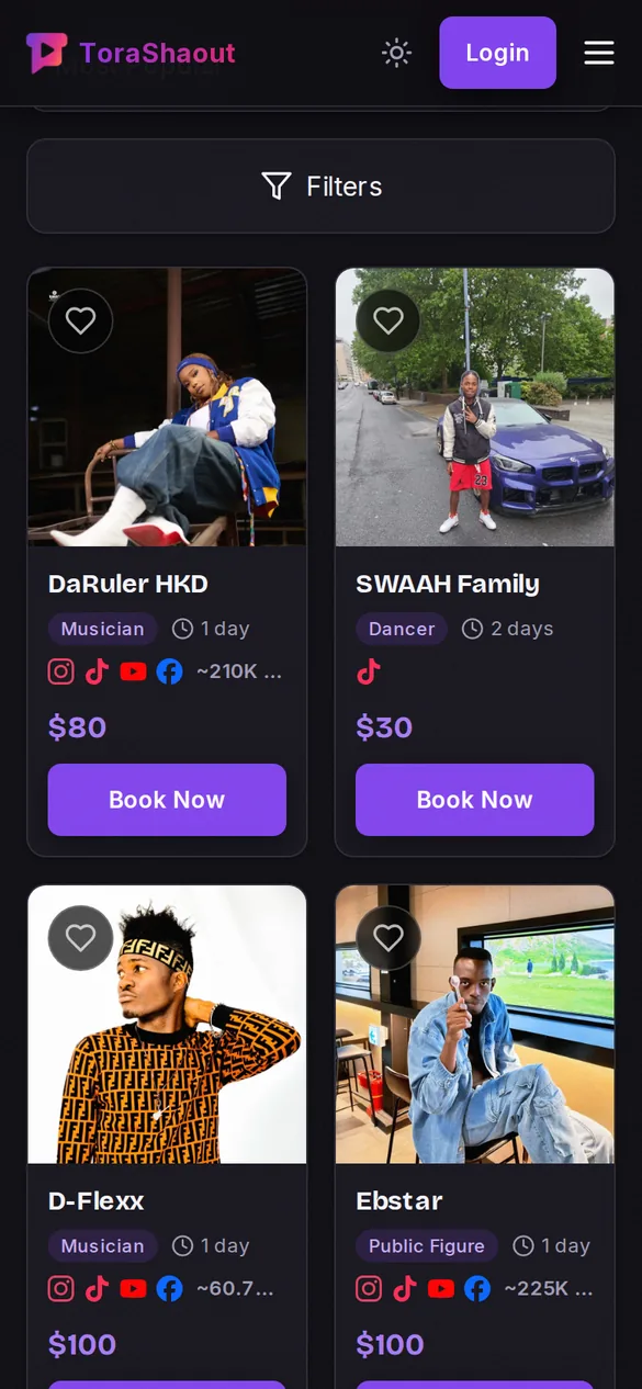 The ToraShaout browse screen listing verified talent with prices