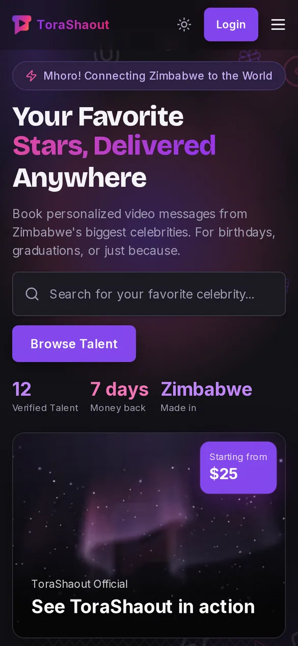 The ToraShaout home screen, with trending talent and the search bar