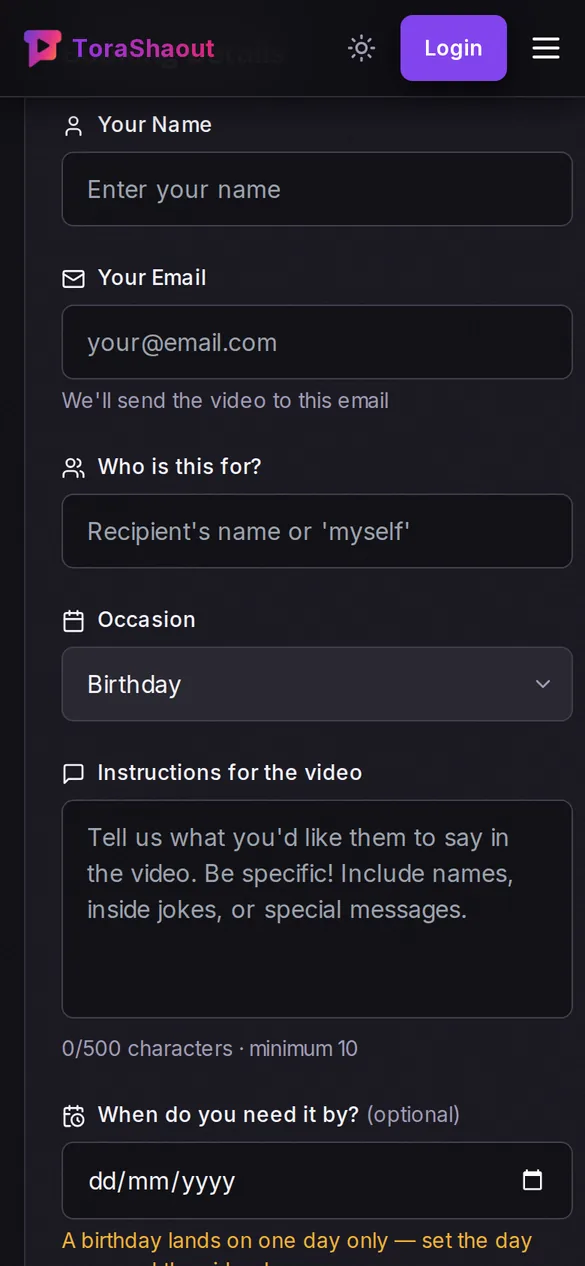 The booking form, with fields for the recipient, occasion and instructions